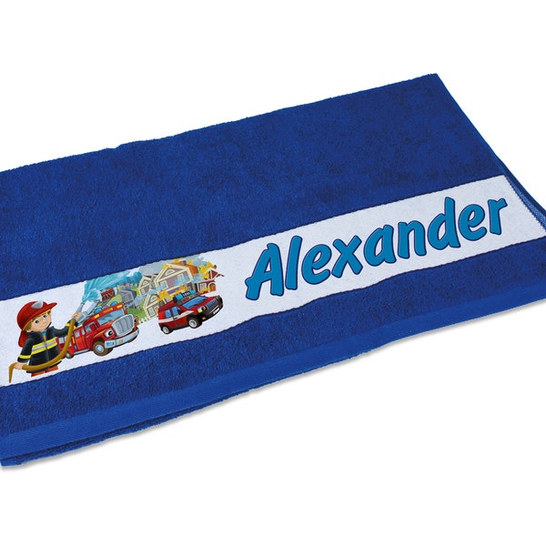 Badetuch, blau mit Name und Feuerwehr bedruckt, Handtuch, Geschenk Kinder Schulanfang Feuerwehrmann