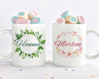 Tassen-Set Partnertassen mit Name, 2 Tassen, Namenstasse, Wald, Blumen, Aquarell