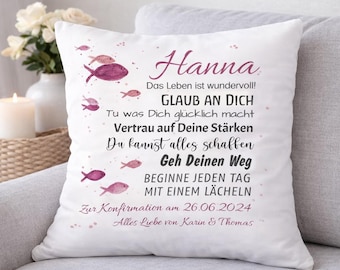 Kissen mit Name personalisiert Geschenk Konfirmation Kommunion Taufe Jugendweihe Spruch Wünsche Fische individuell Geschenkidee Mädchen