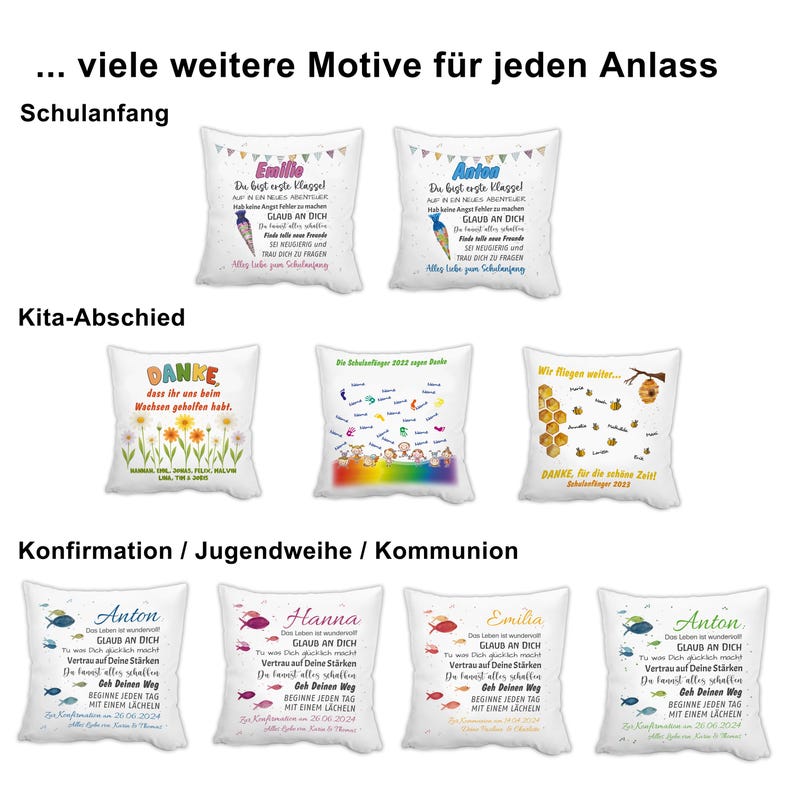 May include: A collection of eleven square white throw pillows featuring various printed designs for school, kindergarten, and religious milestones. Each pillow displays colourful text, names, and illustrations such as cones, flowers, bees, and fish.