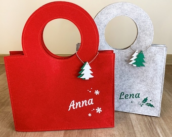 GRAU Filztasche Weihnachten mit Name Weihnachtstasche Weihnachtsbaum Wichtel Geschenk Verpackung Nikolaus