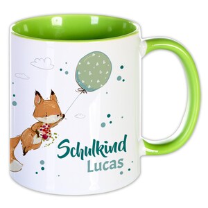 Namenstasse Schulkind, personalisiertes Geschenk Schulanfang Tasse Schulstart, Schultüte Zuckertüte Einschulung Mädchen Junge Kinder Fuchs Ballon / GRÜN