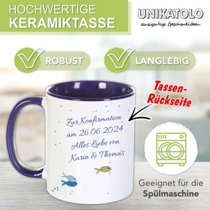 Tasse mit Name Geschenk Konfirmation DUNKELBLAU Kommunion Taufe Jugendweihe personalisiert Spruch Wünsche Fische individuell Geschenkidee afbeelding 2