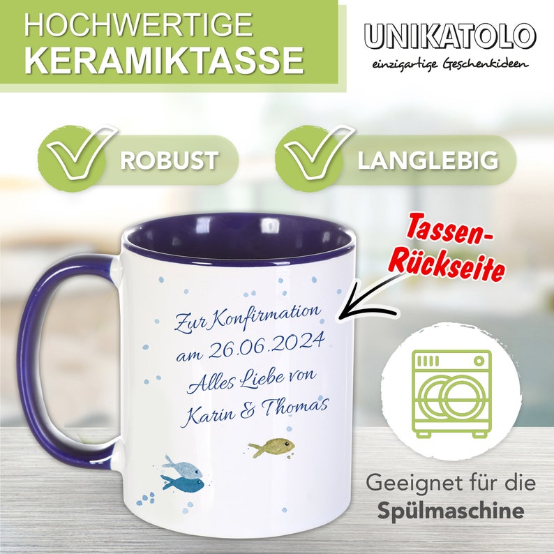 Tasse mit Name Geschenk Konfirmation DUNKELBLAU Kommunion Taufe Jugendweihe personalisiert Spruch Wünsche Fische individuell Geschenkidee Bild 2