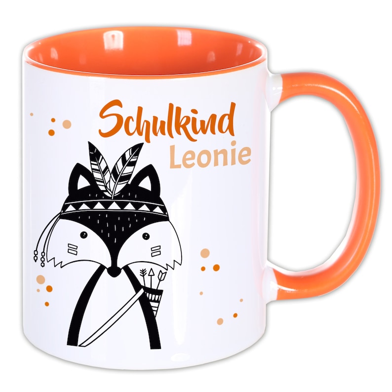 Namenstasse Schulkind, personalisiertes Geschenk Schulanfang Tasse Schulstart, Schultüte Zuckertüte Einschulung Mädchen Junge Kinder Indianer Fuchs / OR.