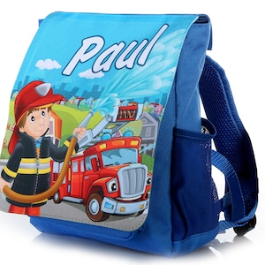 Kinderrucksack mit Name, Feuerwehr, Kita, Kindergartenrucksack blau für Jungs, Kindergeburtstag, Kitatasche Bild 1