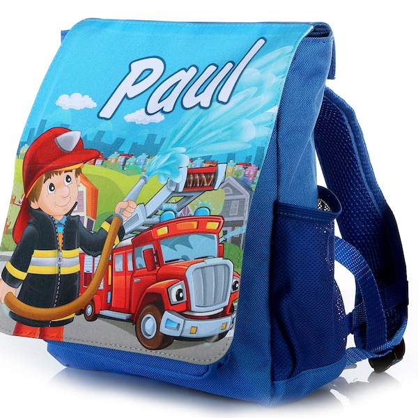Kinderrucksack mit Name, Feuerwehr, Kita, Kindergartenrucksack blau für Jungs, Kindergeburtstag, Kitatasche