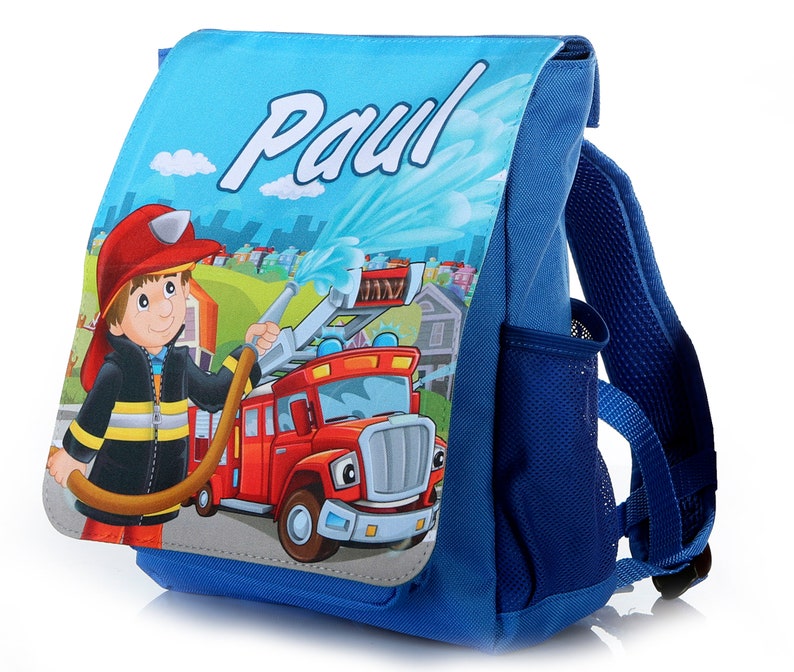 Kinderrucksack mit Name, Feuerwehr, Kita, Kindergartenrucksack blau für Jungs, Kindergeburtstag, Kitatasche Bild 1