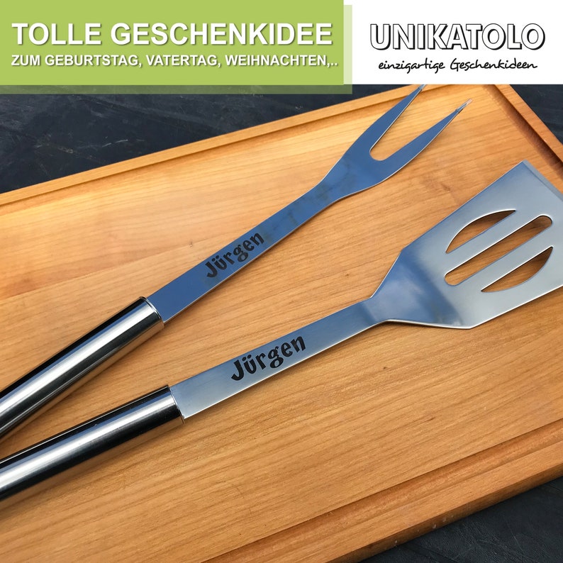 personalisiertes Grillbesteck mit Name graviert, BBQ-Set aus Edelstahl mit Gravur, Koffer, Geschenk Vatertag, Männer, Grillzange Bild 4