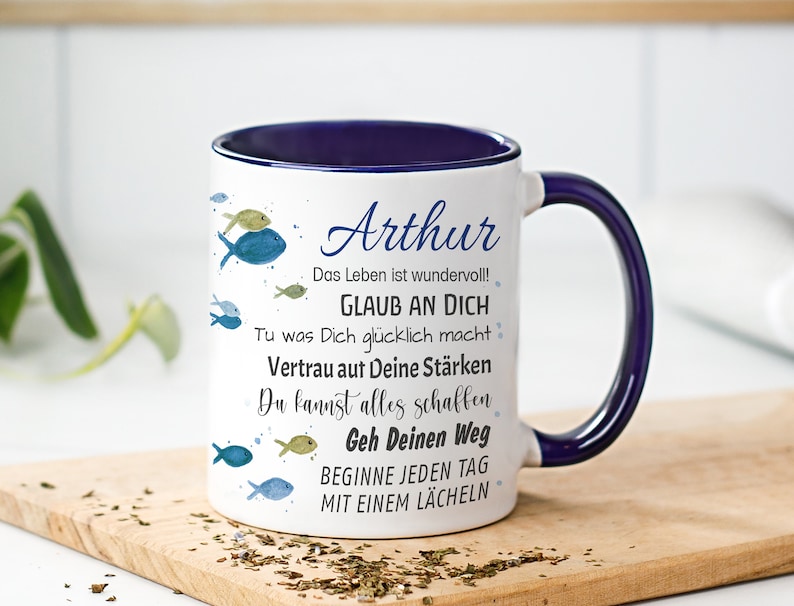 Tasse mit Name Geschenk Konfirmation DUNKELBLAU Kommunion Taufe Jugendweihe personalisiert Spruch Wünsche Fische individuell Geschenkidee image 1