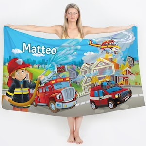 Badetuch Kinder Feuerwehr mit Name Handtuch, personalisiert, Feuerwehrmann Duschtuch Strandtuch XXL blau Kindergeburtstag Geschenkidee