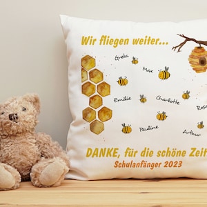 Kita Abschiedsgeschenk Bienen Kissen mit Namen, 40 x 40 cm, Kindergarten Schule Abschluss, Geschenk Erzieherin Danke Schulanfang image 1