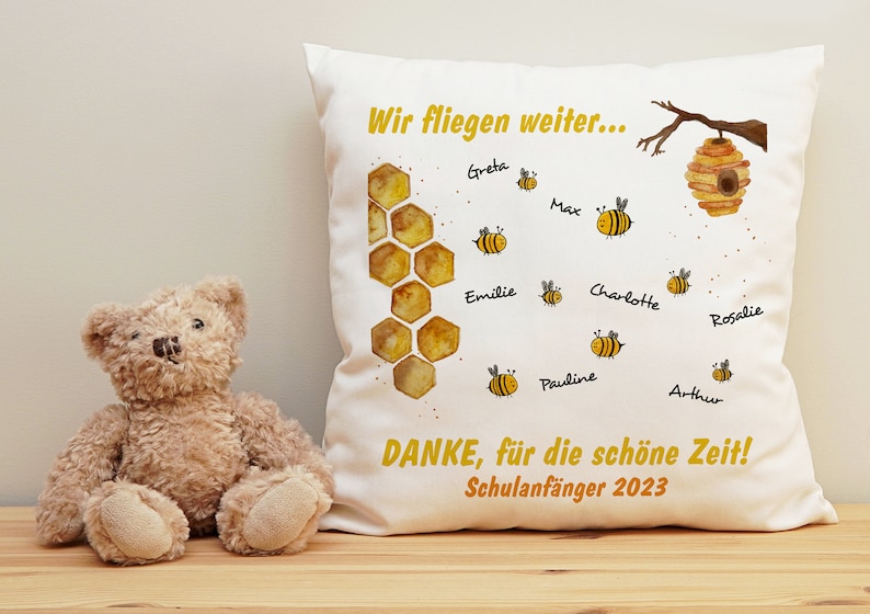 Kita Abschiedsgeschenk Bienen Kissen mit Namen, 40 x 40 cm, Kindergarten Schule Abschluss, Geschenk Erzieherin Danke Schulanfang image 1