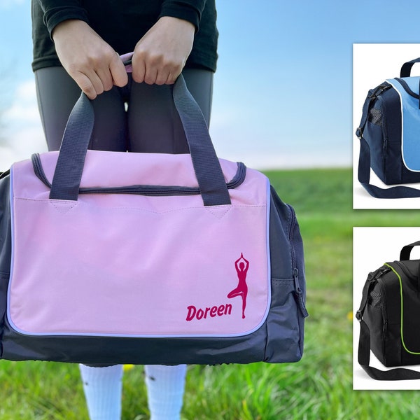 Sporttasche mit Name bedruckt Motiv: Yoga Tasche Damen personalisiertes Geschenk Frauen Fitnessstudio Reisetasche Handgepäck Namaste