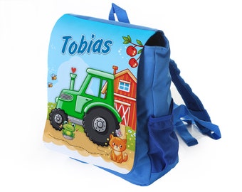 Kinderrucksack blau mit Name Motiv: Traktor grün, Kindergartenrucksack, Kita, Bauernhof, für Jungs, Geschenkidee Weihnachten Kinder