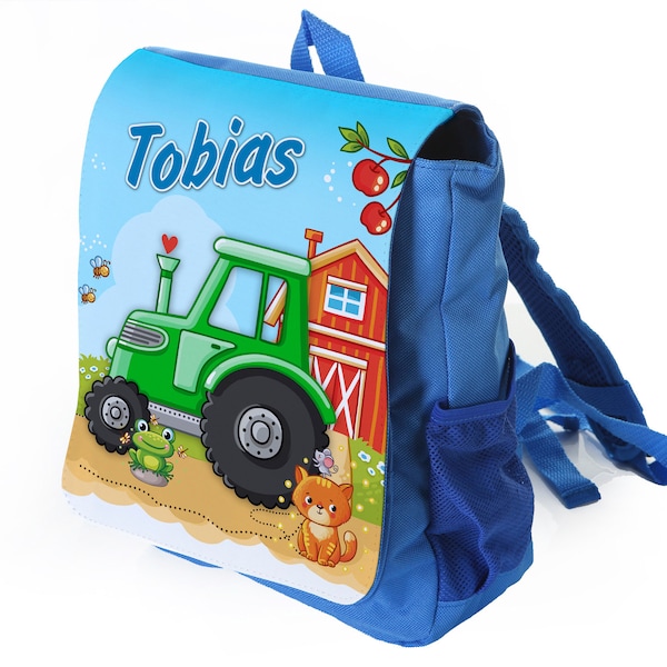 Kinderrucksack blau mit Name Motiv: Traktor grün, Kindergartenrucksack, Kita, Bauernhof, für Jungs, Geschenkidee Weihnachten Kinder