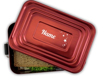 Brotdose mit Name und Motiv, ROT, Metall Aluminium Lunchbox mit Gravur Geschenk-Idee für Kinder, Schule, Kindergarten