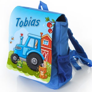 Kinderrucksack mit Name Motiv: Traktor blau, Bauernhof, Kindergartenrucksack, für Jungs, Geschenk erster Geburtstag Bild 1