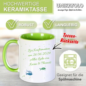 Tasse mit Name Geschenk Konfirmation GRÜN Kommunion Taufe Jugendweihe personalisiert Spruch Wünsche Fische individuell Geschenkidee Bild 2