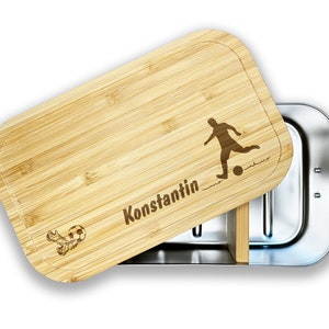 Boîte à lunch personnalisée avec nom | Football | Acier inoxydable avec couvercle en bambou | Boîte à lunch en métal avec gravure, cadeau pour enfants, école maternelle