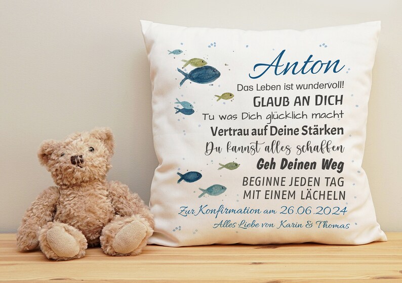 Personalisiertes Kissen zur Konfirmation, Taufe oder Kommunion mit Wünschen und Name