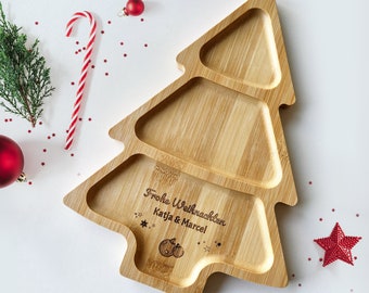 Snackschale Bambus in Weihnachtsbaum Form mit personalisierter Gravur Name, Wichtelgeschenk Geschenkidee Nikolaus Tischdeko Weihnachten