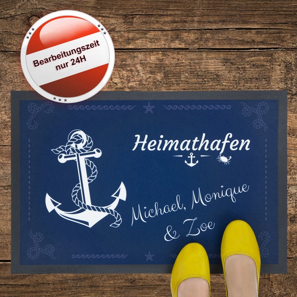 Fußmatte Anker mit Namen, Teppich blau Seefahrt, Kreuzfahrt, Schiff, Yacht, Geschenk Hochzeit Heimathafen