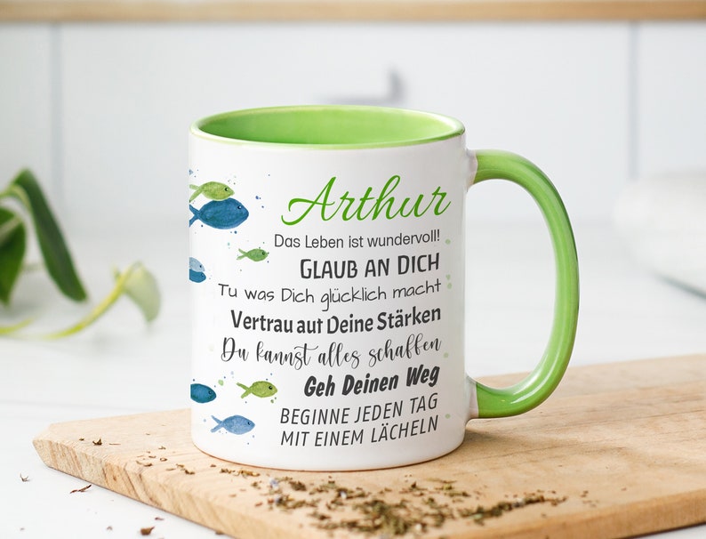 Tasse mit Name Geschenk Konfirmation GRÜN Kommunion Taufe Jugendweihe personalisiert Spruch Wünsche Fische individuell Geschenkidee Bild 1