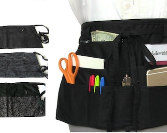 Black Apron with Pockets/Cash Apron/Black Half Apron/Teacher Apron/Black Vendor Apron/Black Waist Apron/Server Apron with Zipper Pocket