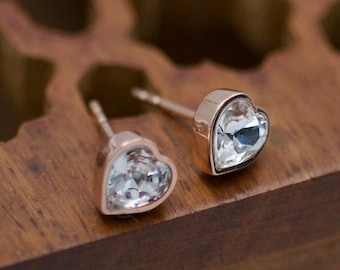 Crystal Heart Earrings 18k Sterling Silver, Small Crystal Heart Studs, Nickel Free Heart Earrings for Girl, Romantic Gift for Girlfriend