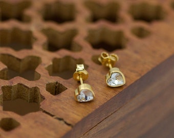 Crystal Heart Earrings 24k Sterling Silver, Small Crystal Heart Studs, Nickel Free Heart Earrings for Girl, Romantic Gift for Girlfriend