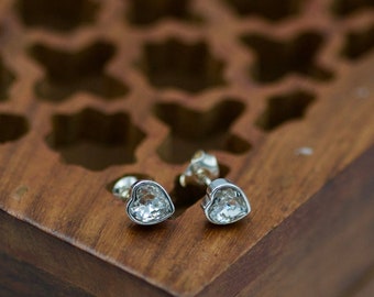 Crystal Heart Earrings Sterling Silver AG925, Small Crystal Heart Studs, Nickel Free Heart Earrings for Girl, Romantic Gift for Girlfriend
