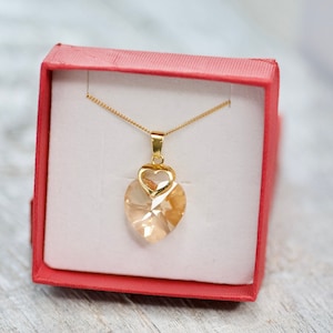 Golden Heart Charm Necklace, Swarovski Heart Necklace, Romantic Necklace for Her, Mother Day Gift, Beautiful Heart Necklace