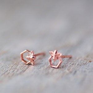 Tiny Bee Studs, Honey Bee Earrings 18k Rose Gold Bee Earrings for girls, Small Bee Studs, Earrings for girls, Daughter Gift, Save the Bees