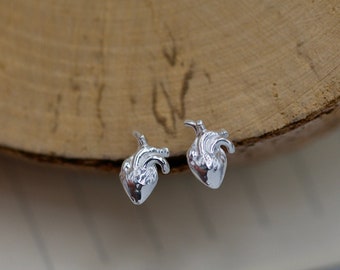 3D Anatomical Heart Stud Earrings, Sterling Silver, Medical Jewelry