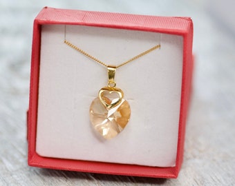 Golden Heart Charm Necklace, Swarovski Heart Necklace, Romantic Necklace for Her, Mother Day Gift, Beautiful Heart Necklace