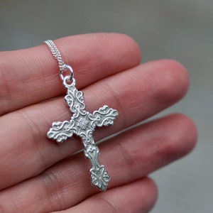 Encrusted Cross Charm Necklace Solid Sterling Silver Godmother Gift, First Communion Gift, Gift Confirmation Gift, Birthday Cross Pendant