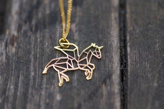 Gold coloured origami Pegasus the flying horse necklace folded metal style 