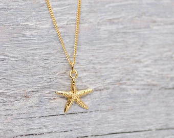 Colar com pingente de estrela do mar 24k, colar delicado de praia, colar de verão, joias de verão, presente para filha, pingente de estrela do mar, joias da vida marinha