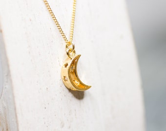 Crescent Moon and Star Charm Pendant 24k Gold Gift for Her Moon Jewelry Best Friend Gift Idea Golden Half Moon Necklace Sister Gift