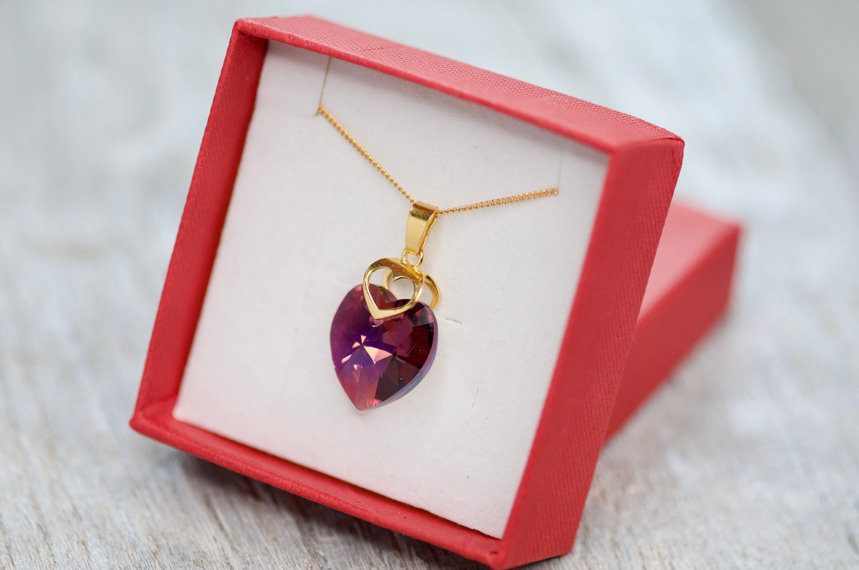 Gioiello Elegante Per Occasioni Speciali Collana Con Ciondolo Cuore In Cristallo Viola - Argento Placcato Oro Bianco 18k, Lunghezza 50cm Collana Regalo Donna