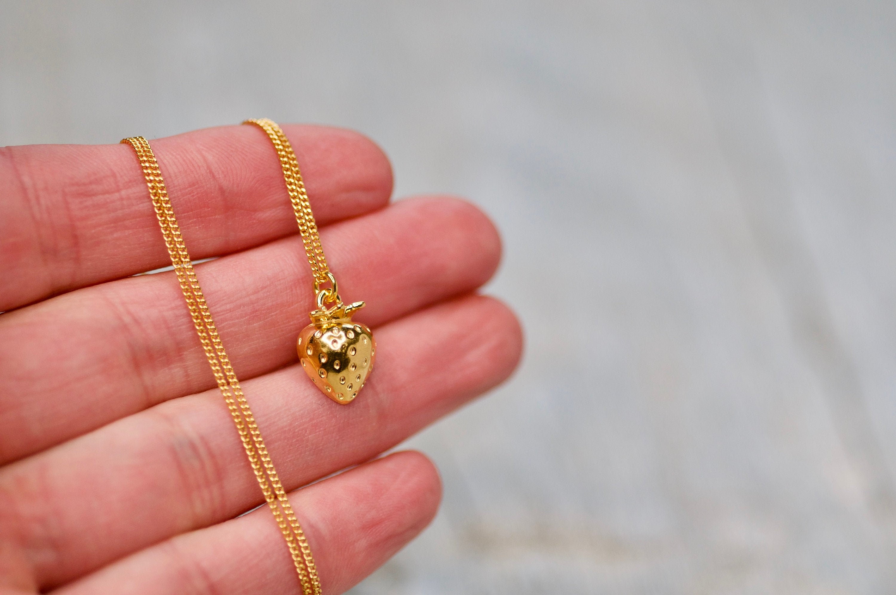 Strawberry Charm Necklace 24k Gold, Fruit Jewelry for Kids