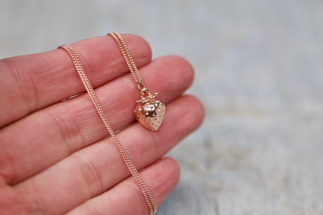 Strawberry Charm Necklace Rose Gold Fruit Jewelry for Kids Etsy