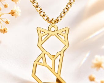 Collier renard origami, breloque animal géométrique en or 24 carats, bijoux minimalistes en argent sterling