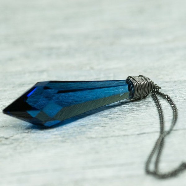 Atlantis Necklace, Blue Sapphire Swarovski Crystal, 40mm Drop Crystal Pendant Necklace Jewelry, Gift For Her, Long Necklace with Pendant