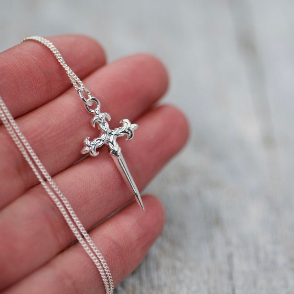 Crucifix dagger pendant, Silver Dagger Charm Necklace, Silver Sword Pendant, Sword Necklace, Weapon Jewelry, Dagger Cross Necklace Jewelry