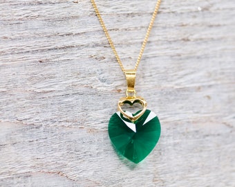 Swarovski Heart Necklace, Emerald Green Heart Necklace, Romantic Necklace for Her, Mother Day Gift, Beautiful Heart Necklace, Gift for Wife