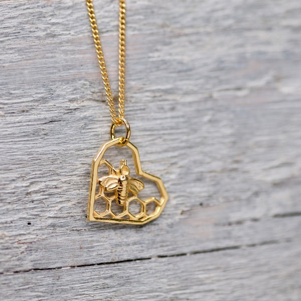 Honingbij hart bedelketting 24-karaats goud, cadeau beste vriend, verjaardagscadeau voor vriend, geometrische bij hart ketting, honingraat ketting