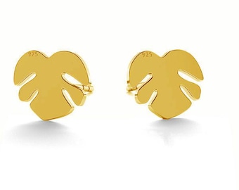 24k Tiny Monstera Stud Earrings, Tropical Plant Earrings, Montera Leaf Earrings, Plant Earrings, Monstera Palm Leaf Jewelry,  Plant Earrings