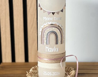 Baptism Candle Christening Candle Girl / Boy Vintage Rustic Boho Rainbow Champagne Cream 200 x 70 mm